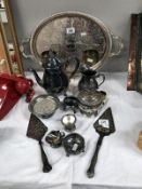 A mixed lot of silver plate and metalware including silver plate tray.