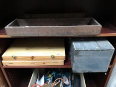 A box, a tool tray and 2 artist's paint boxes.