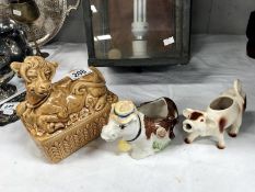 A Goebel cow creamer, a Sylvac butter dish and a cow figure with Price Kensington label.