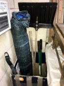 A quantity of garden tools, snow shovel, garden parasol etc.