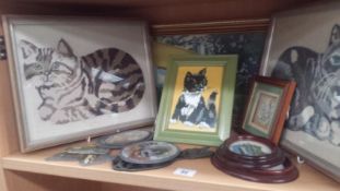 A Shelf Of Misc. Inc Framed And Glazed Embroidery Of Cats Etc.