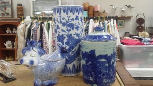3 Blue And White Items, Umbrella Stand,