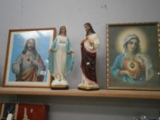 2 framed and glazed religious prints and 2 figures.