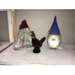 2 Evian water promotional glass bottles & an Avon pheasant