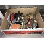 A box of vintage shoe stretchers & cleaning kit etc.