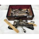 A box of plated cutlery including bone page turner