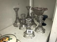 3 pairs of glass candlesticks & sweet meat dish etc.