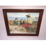 A framed and glazed print of fisherman with children