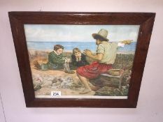 A framed and glazed print of fisherman with children