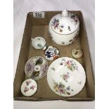 A mixed lot including Minton preserve pot, Derby pill box, Worcester pill box A/F etc.