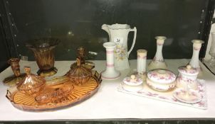 A 1930's amber glass trinket set and 1 other