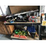 3 shelves of car parts, tools, accessories etc including car stereos, towing rope, towing hook,