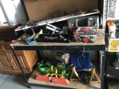 3 shelves of car parts, tools, accessories etc including car stereos, towing rope, towing hook,