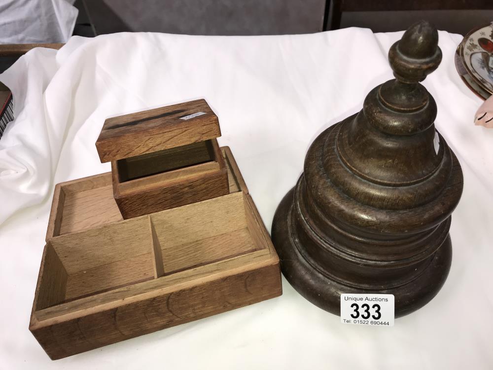 A 19th Century turned oak tobacco container and 2 wooden boxes