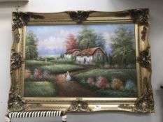 An oil painting canvas on board of Edwardian cottage & garden scene, signed M.