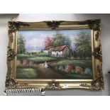 An oil painting canvas on board of Edwardian cottage & garden scene, signed M.