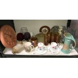 A quantity of miscellaneous potter and glassware including terracotta wall clock