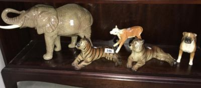 A large Beswick elephant, boxer dog and calf and 2 tigers.