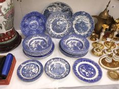 A quantity of blue and white plates including ironstone