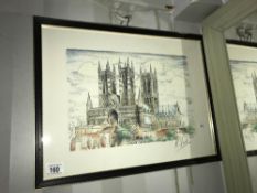 A framed and glazed hand coloured picture of Lincoln Cathedral signed R.