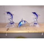 3 blue glass dolphin ornaments
