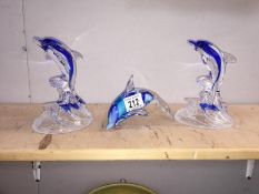 3 blue glass dolphin ornaments