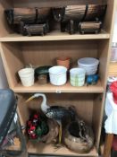 3 shelves of planters etc including metal stork model