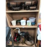 3 shelves of planters etc including metal stork model