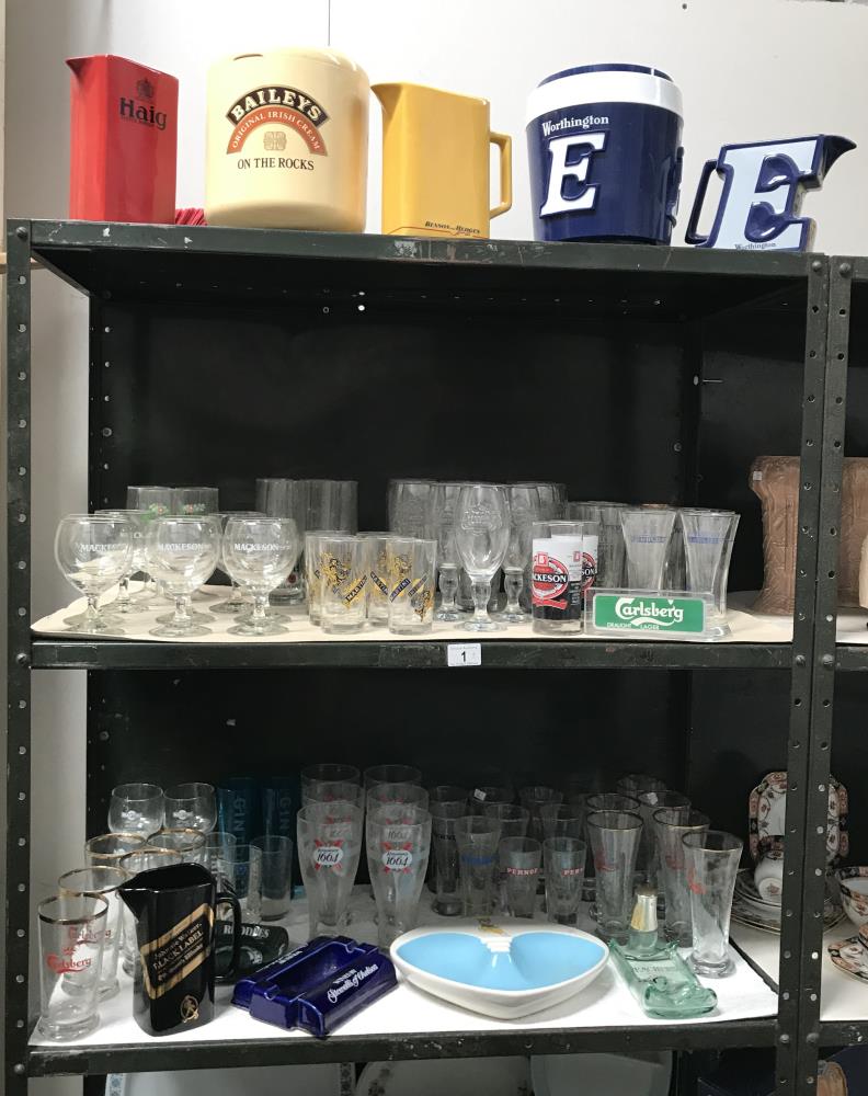 3 shelves of breweriana advertising items