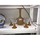 6 amber stemmed glasses & art glass vase