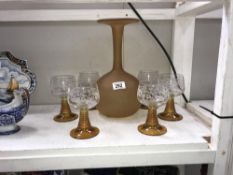 6 amber stemmed glasses & art glass vase