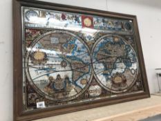 An Elizabethan style 'Map of the world' print on a framed mirror