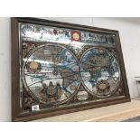 An Elizabethan style 'Map of the world' print on a framed mirror