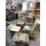 A pair of cane conservatory chairs, 2 stools,