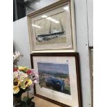 A limited edition print of a Jaguar XK8 no 105/850 and a signed watercolour of lorrys on the docks