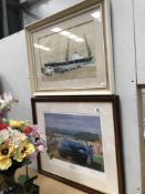 A limited edition print of a Jaguar XK8 no 105/850 and a signed watercolour of lorrys on the docks