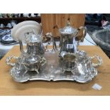 A 4 piece silver plated tea set on tray