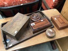 An oak sewing tray and 5 wood boxes