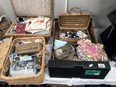 3 baskets with a large quantity of haberdashery including threads, tin of buttons, patchwork pieces,