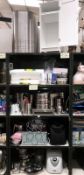 5 shelves of kitchenware including stainless steel, bread maker etc.