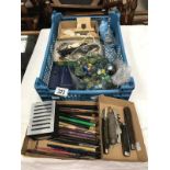 A mixed lot including marbles, pens, coins, costume jewellery, pocket knives etc.