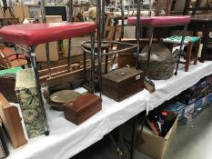 A mixed lot including artist's easel, small warming pan, wooden boxes, rain maker,