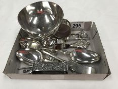 A mixed lot of silver plate including agate handled babies rattle, flatware etc.