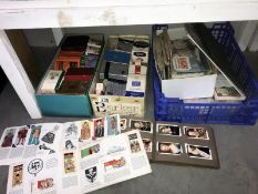 A tray of tea and cigarette cards including books and 2 boxes of cigarette packets