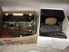 A mixed lot including old radio, weights, humidore, glass, binoculars etc.