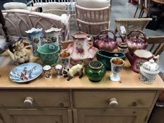 A box of china including jug and bowl, salt and pepper pots, vases, Sylvac pot etc.