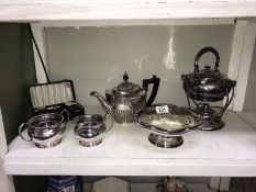 A silver plate kettle on stand and other silver plate