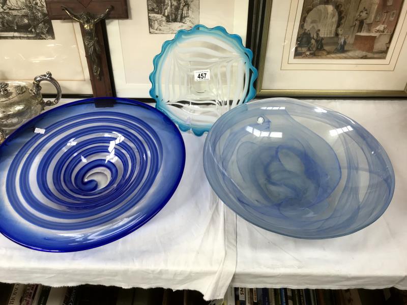 2 large studio glass bowls and a smaller example