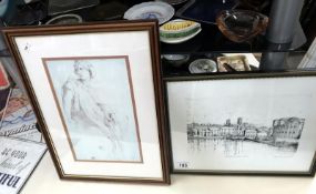 A framed and glazed study of a woman and a framed and glazed print of Brayford (circa 1935) by Roy