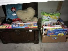 A trunk and box of assorted children's toys and games